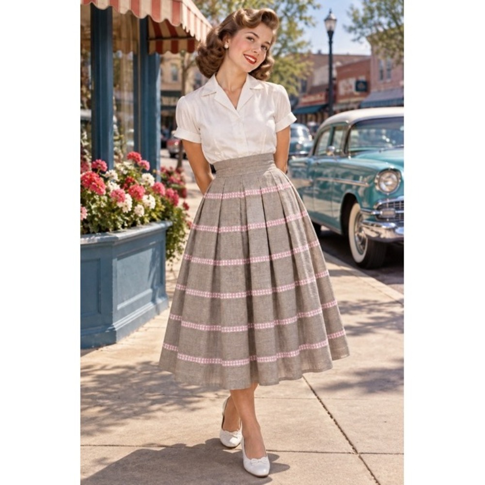 Vintage Brown Linen Pleated Midi Skirt Pink Geometric Embroidery High Waist